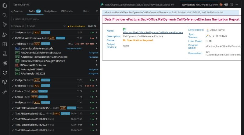 The Builds tab with the status of every request and its per-object badges, next to the Navigation Report opened with the IDE's own look.