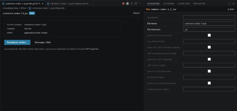 A File object: the binary editor shows the attachment (name, size, MIME) with Replace and Download / Open, while GX Properties edits its per-generator extraction options.