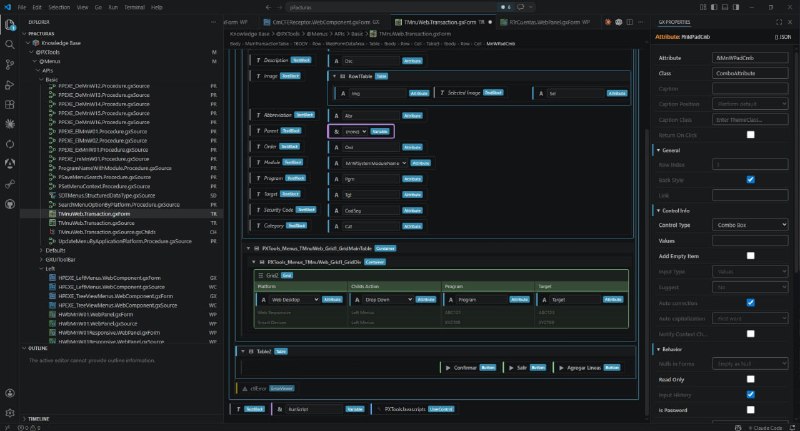 HTML Layout of a Transaction: the Knowledge Base tree, the rendered form with its controls, and GX Properties showing the selected control's properties.